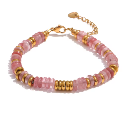 Bracelet en pierre naturelle rose – acier inoxydable doré