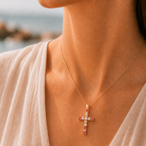 Collier Croix Doré Oxydes Rouges et Blancs