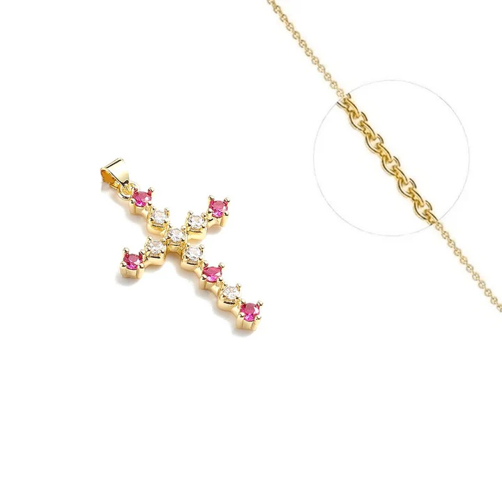 Collier Croix Doré – Oxydes Rouges et Blancs