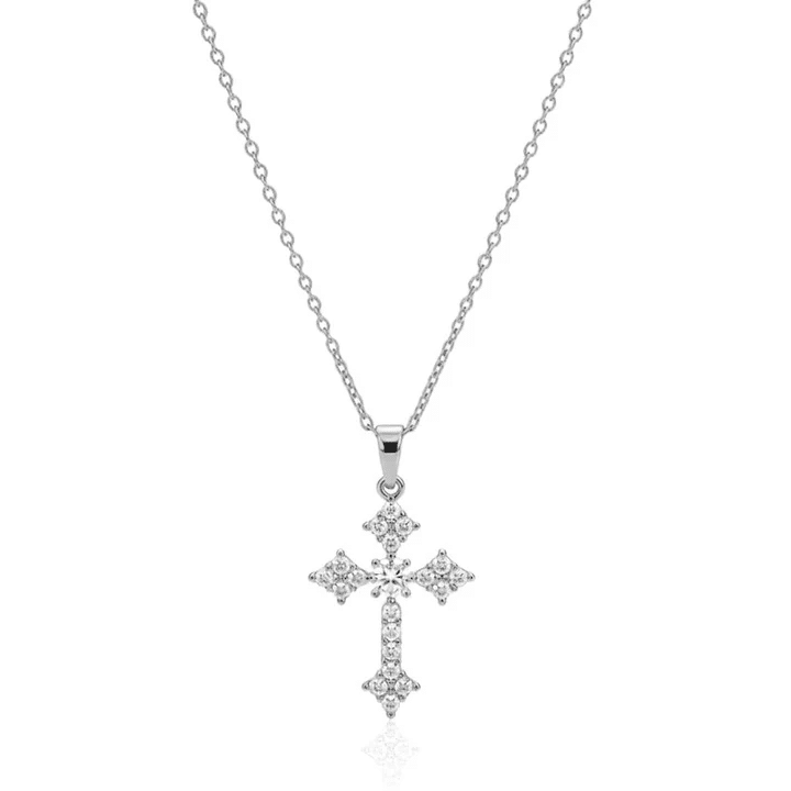 Collier Pendentif Croix Acier Inoxydable Argenté Sertie de Zirconiums