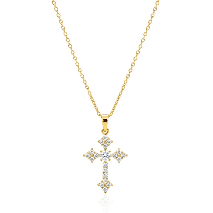 Collier Pendentif Croix Acier Inoxydable Doré Sertie de Zirconiums