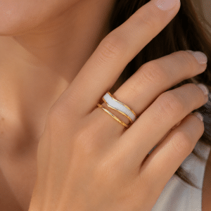 Bague Acier Inoxydable Dorée Double Rang Émail Blanc