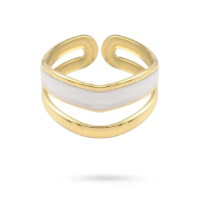 Bague Acier Inoxydable Dorée – Double Rang Émail Blanc