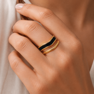 Bague Double Rang Acier Doré Émail Noir