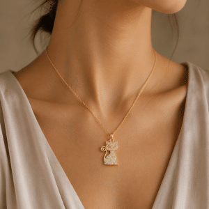 Collier Femme Pendentif Chat porté par une femme