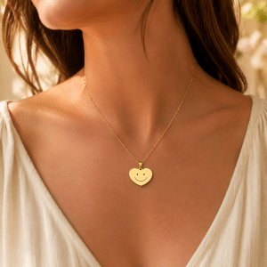 Collier Femme Pendentif Smiley Coeur porté par une femme
