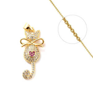 Collier Pendentif Chat Coeur Rose Diamant CZ