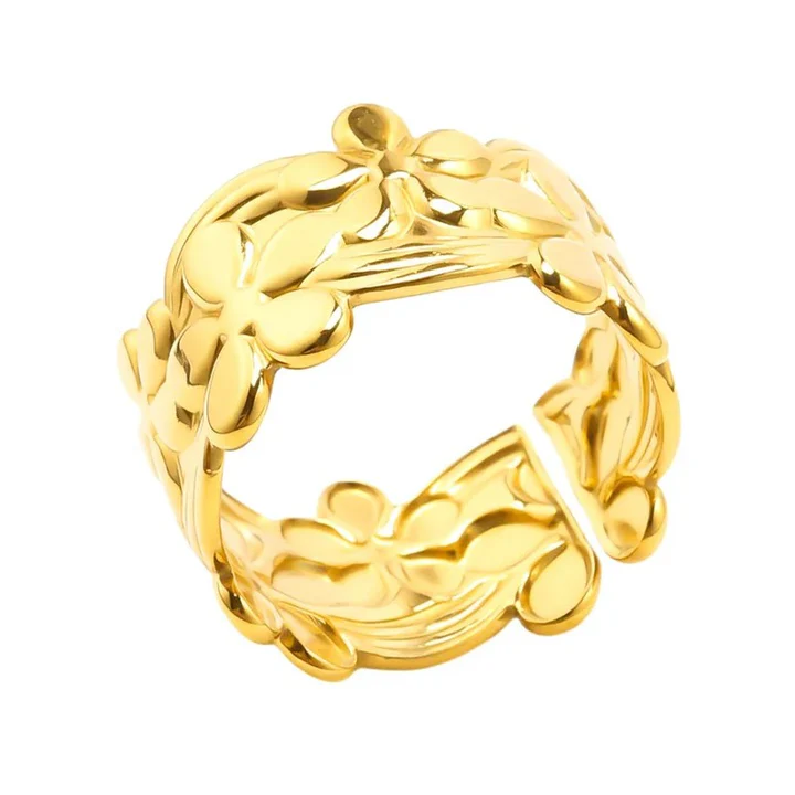 Bague réglable motif floral – Acier inoxydable