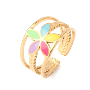 Bague réglable motif floral en émail coloré