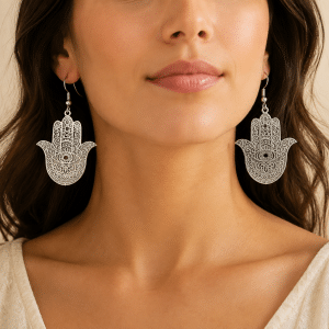 Boucles d’Oreilles Main de Fatma Acier Argenté portées par une femme