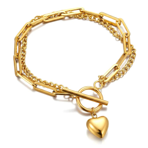 Bracelet Acier Doré Double Chaîne Breloque Coeur