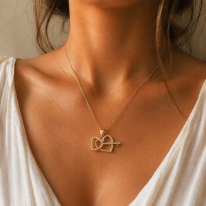 Collier Pendentif Clé Coeur Serti de Zirconiums porté par une femme