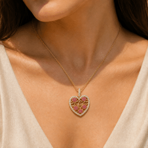 Collier Pendentif Coeur Serti de Zirconiums Fuchsia porté par une femme