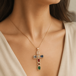 Collier Croix Sertie de Zirconiums Colorés porté par une femme