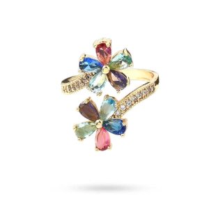 Bague réglable double fleur ornée de zirconiums colorés