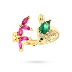 Bague réglable oiseau et fleur sertie d’oxydes colorés