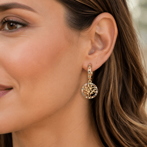 Boucles d’oreilles Arbre de Vie Zirconiums sertis Plaqué or portées par une femme