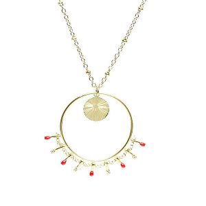 Collier Doré à Breloques Cercles Pendants Rouges