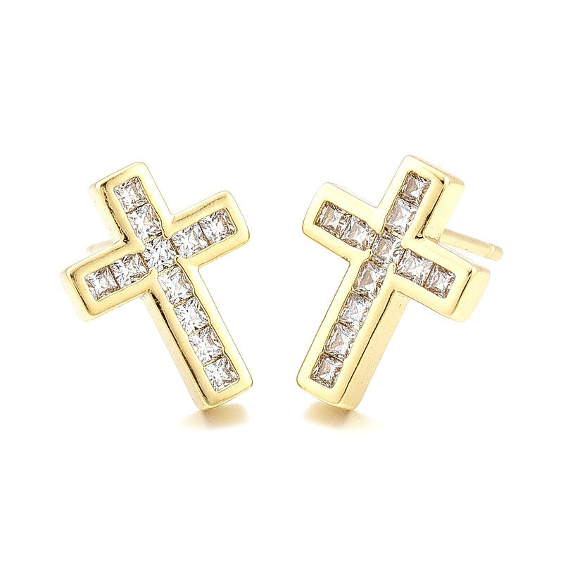 Boucles d’Oreilles Croix Chrétienne Dorées aux Zirconiums Boucles d'oreilles croix chrétienne dorées aux zirconiums