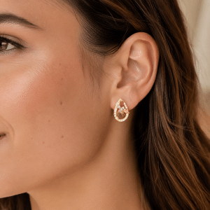 Boucles d’oreilles dorées à l’or fin aux oxydes multicolores portées par une femme