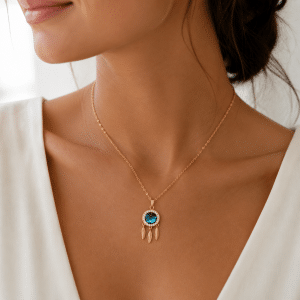 Collier Attrape-Rêve Doré aux Zirconiums porté par une femme