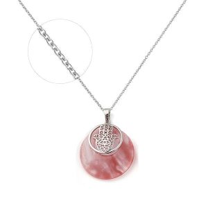 Collier Main de Fatma en Quartz Rose et Acier Inoxydable