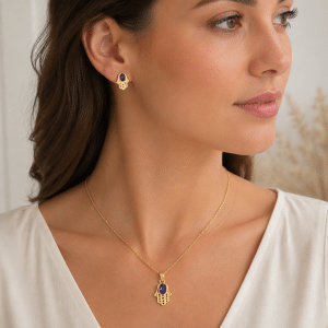 Parure main de Fatma avec pendentif et boucles d’oreilles violettes portée par une femme