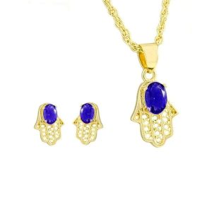Parure main de Fatma avec pendentif et boucles d’oreilles bleues