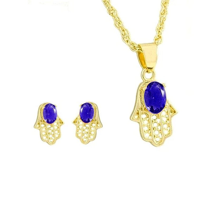 Parure main de Fatma avec pendentif et boucles d’oreilles bleues Parure main de Fatma avec pendentif et boucles d’oreilles bleues