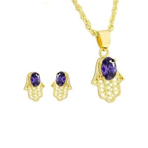 Parure main de Fatma avec pendentif et boucles d’oreilles violettes