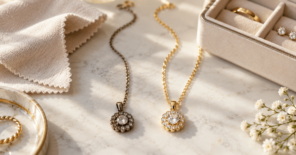 Bijou terni et bijou brillant après entretien, avec chiffon doux et boîte à bijoux