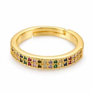 Bague dorée réglable aux zirconiums colorés