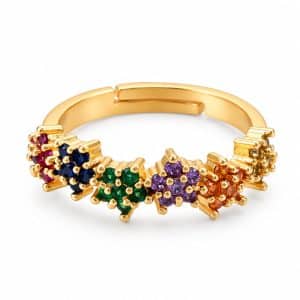 Bague lignée de fleurs dorée aux zirconiums colorés