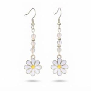 Boucles d’oreilles en acier inoxydable avec perles et fleur émaillée blanche