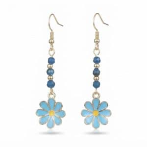Boucles d’oreilles en acier inoxydable avec perles et fleur émaillée bleue