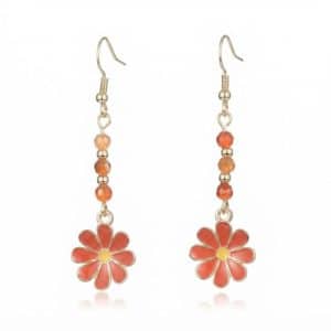 Boucles d’oreilles en acier inoxydable avec perles et fleur émaillée rouge