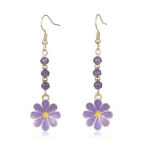 Boucles d’oreilles en acier inoxydable avec perles et fleur émaillée violette