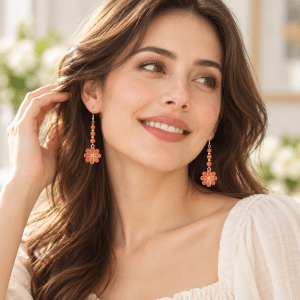 Boucles d’oreilles fleur rouge en acier inoxydable portées par une femme