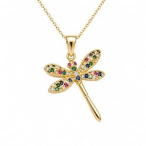 Collier chaîne et pendentif libellule doré à l’or fin zirconiums colorés sertis