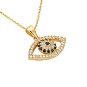 Collier chaîne et pendentif œil oriental doré à l’or fin zirconiums sertis