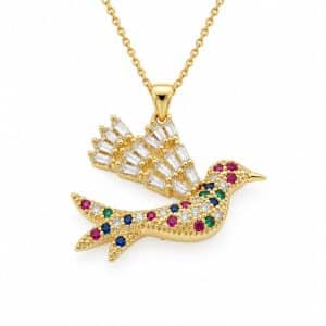 Collier chaîne et pendentif oiseau doré à l’or fin zirconiums colorés sertis