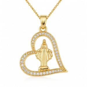 Collier doré avec pendentif cœur, Vierge Marie et zirconiums
