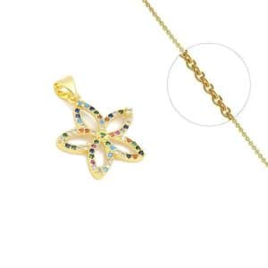 Collier doré avec pendentif fleurs serti de zirconiums colorés