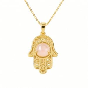 Collier doré avec pendentif main de Fatma et quartz rose naturel